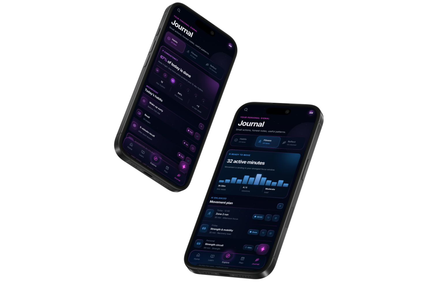 Mobile habit journal and fitness planning screens