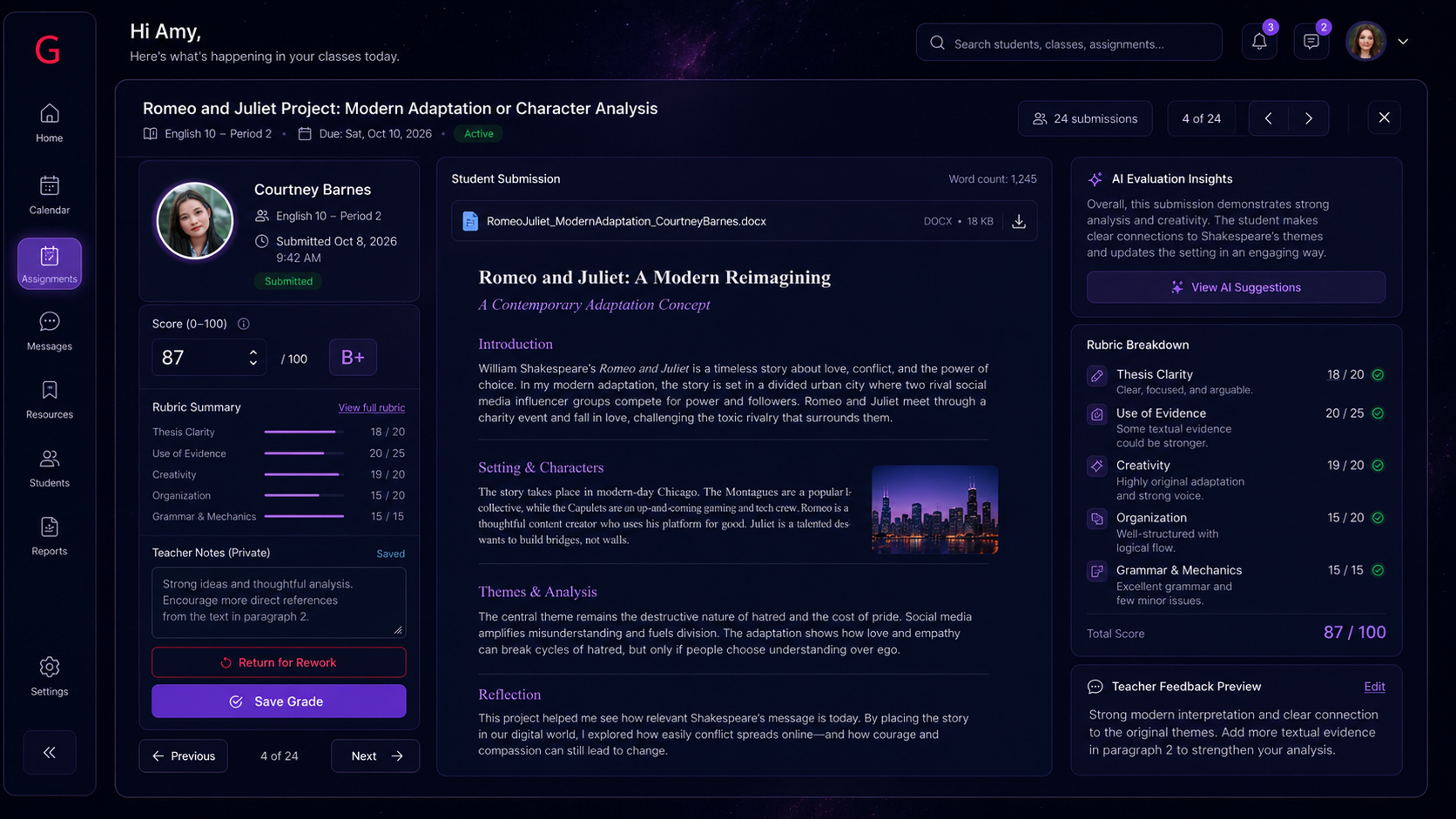 Teacher assignment grading dashboard interface