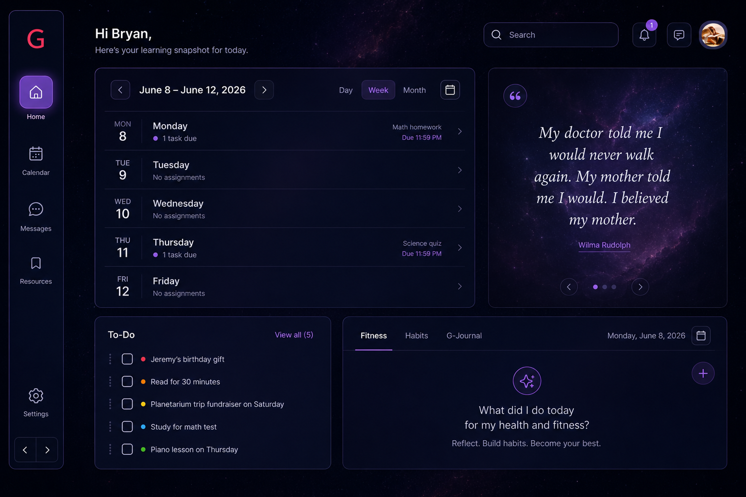 Student web hub interface
